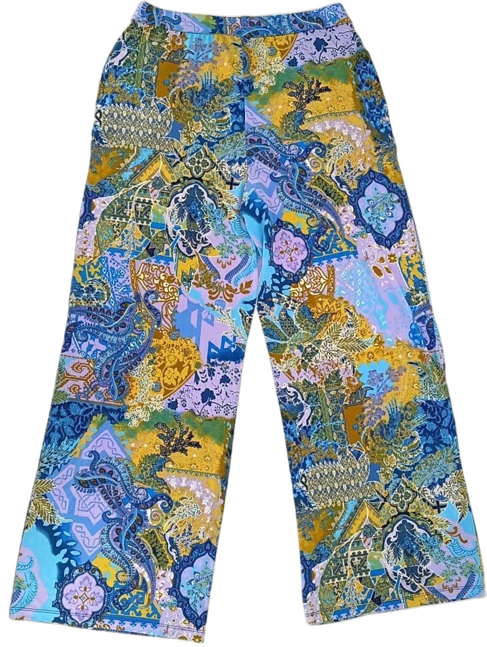 Boho Paisley Wide Leg Palazzo Pants Resort Vacation Coastal Grandma Blue Purple